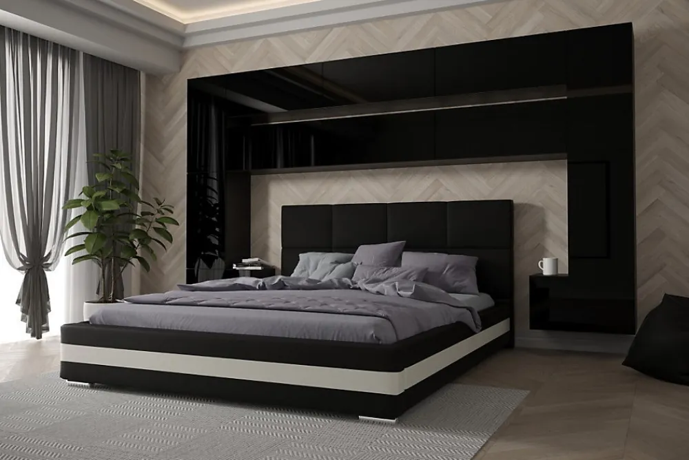 Tête de lit avec rangement Armoire - pont de lit PANAMA 7/HG/B/1-1C noir/noir brillant 300x213x35cm>Azura Home Design New