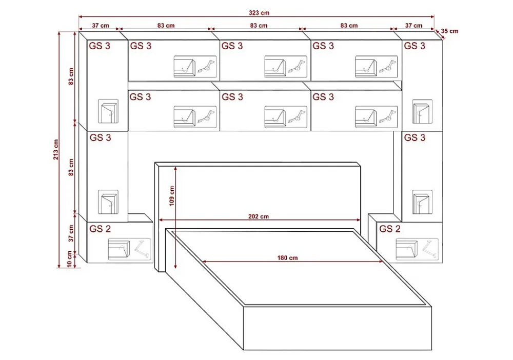 Azura Home Design Tête de lit avec rangement Armoire - pont de lit PANAMA 7/M/S/5-1A chêne sonoma 323x213x35cm* Tête De Lit