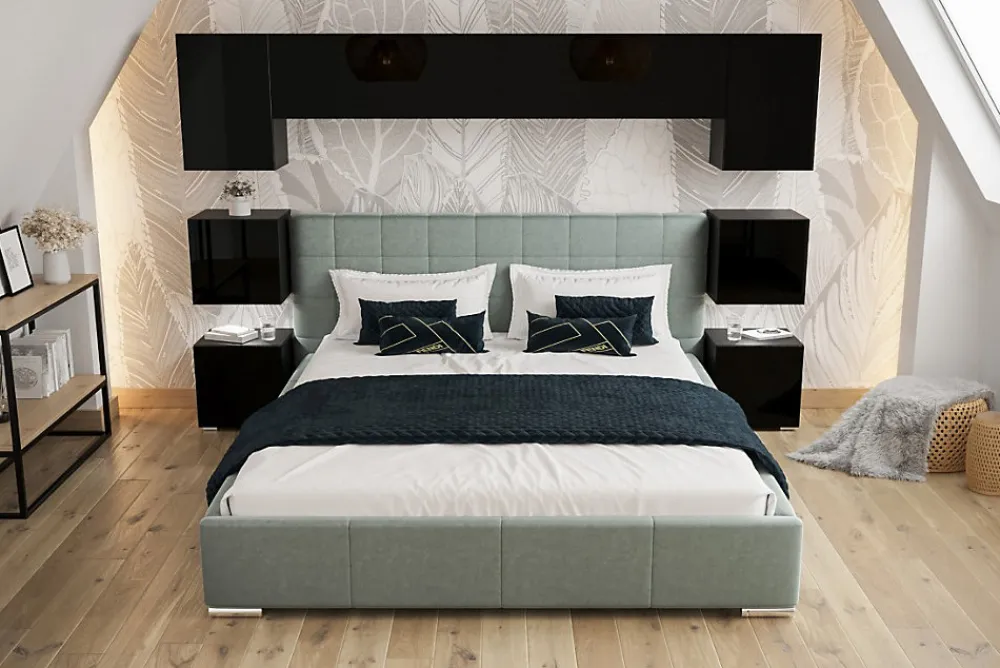 Tête de lit avec rangement Armoire - pont de lit PANAMA 13/HG/B/1-1B noir/noir brillant 240x182x35cm>Azura Home Design Online