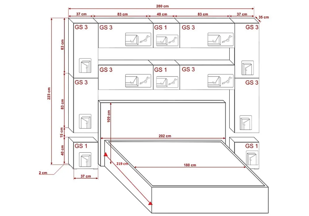 Azura Home Design Tête de lit avec rangement Armoire - pont de lit PANAMA 4/HG/W/2-1C blanc/blanc brillant 280x223x35cm* Tête De Lit