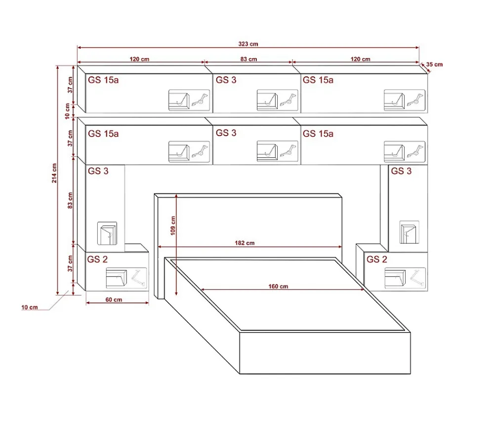 Azura Home Design Tête de lit avec rangement Armoire - pont de lit PANAMA 5/HG/W/2-1A blanc/blanc brillant 323x214x35cm* Tête De Lit