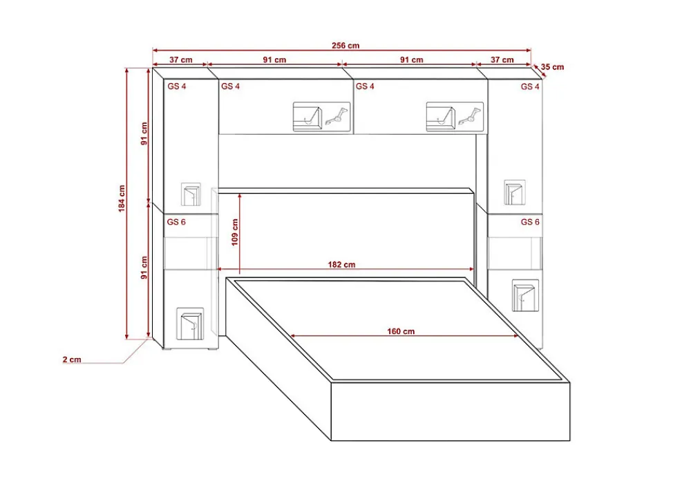 Tête de lit avec rangement Armoire - pont de lit PANAMA 12/HG/B/1-1A noir/noir brillant 256x184x35cm>Azura Home Design Clearance