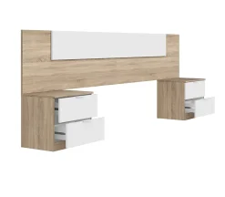 Pegane Tête de lit en mélamine avec 2 chevets coloris chêne canadian blanc artik - Hauteur 95 x Longueur 247 cm x Profondeur 38 cm* Tête De Lit