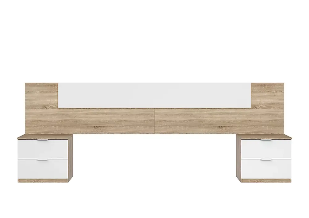 Pegane Tête de lit en mélamine avec 2 chevets coloris chêne canadian blanc artik - Hauteur 95 x Longueur 247 cm x Profondeur 38 cm* Tête De Lit