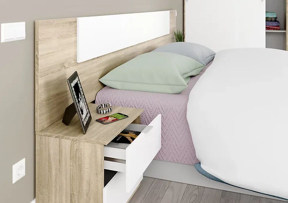 Pegane Tête de lit en mélamine avec 2 chevets coloris chêne canadian blanc artik - Hauteur 95 x Longueur 247 cm x Profondeur 38 cm* Tête De Lit