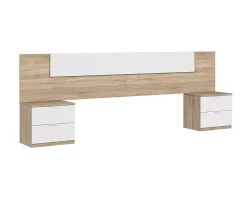 Pegane Tête de lit en mélamine avec 2 chevets coloris chêne canadian blanc artik - Hauteur 95 x Longueur 247 cm x Profondeur 38 cm* Tête De Lit