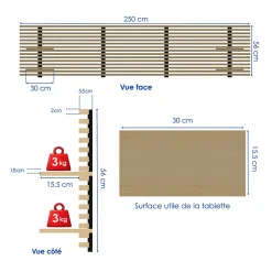 Wood&Sens Tête de lit en pin avec étagères, L.250 x H.56 cm x P.21 cm* Tête De Lit