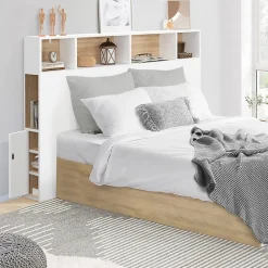 Tête de lit sur pied CLEO 145 cm avec rangements fermés et niches blanc et façon hêtre>IDMarket Outlet