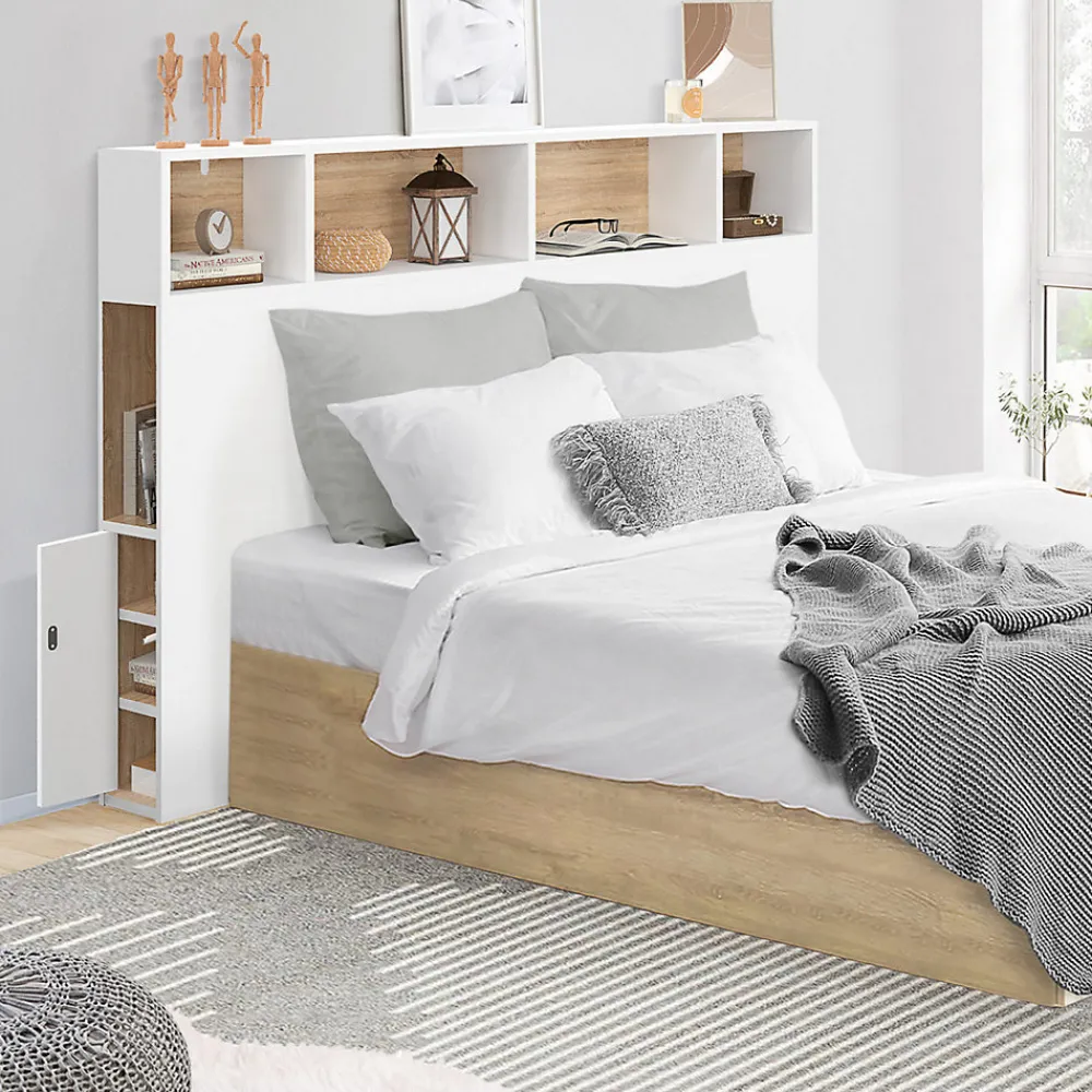 Tête de lit sur pied CLEO 145 cm avec rangements fermés et niches blanc et façon hêtre>IDMarket Outlet