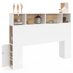 Tête de lit sur pied CLEO 145 cm avec rangements fermés et niches blanc et façon hêtre>IDMarket Outlet