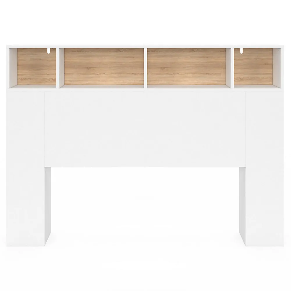Tête de lit sur pied CLEO 145 cm avec rangements fermés et niches blanc et façon hêtre>IDMarket Outlet
