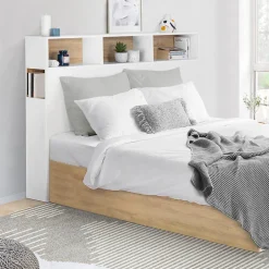 Tête de lit sur pied CLEO 145 cm avec rangements fermés et niches blanc et façon hêtre><noscript><img width=