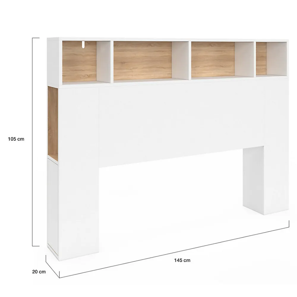 Tête de lit sur pied CLEO 145 cm avec rangements fermés et niches blanc et façon hêtre>IDMarket Outlet