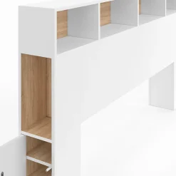 Tête de lit sur pied CLEO 145 cm avec rangements fermés et niches blanc et façon hêtre><noscript><img width=
