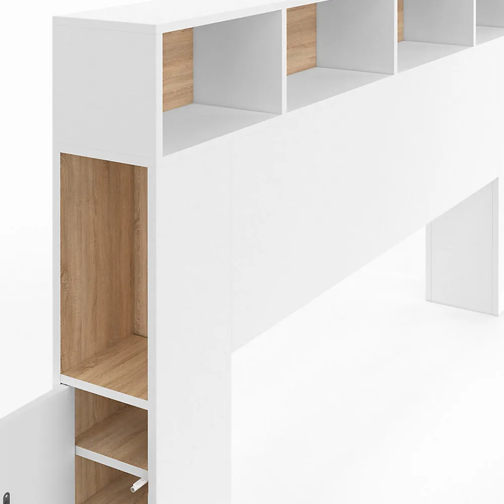 Tête de lit sur pied CLEO 145 cm avec rangements fermés et niches blanc et façon hêtre>IDMarket Outlet