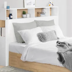 Tête de lit sur pied CLEO 145 cm avec rangements fermés et niches blanc et façon hêtre><noscript><img width=