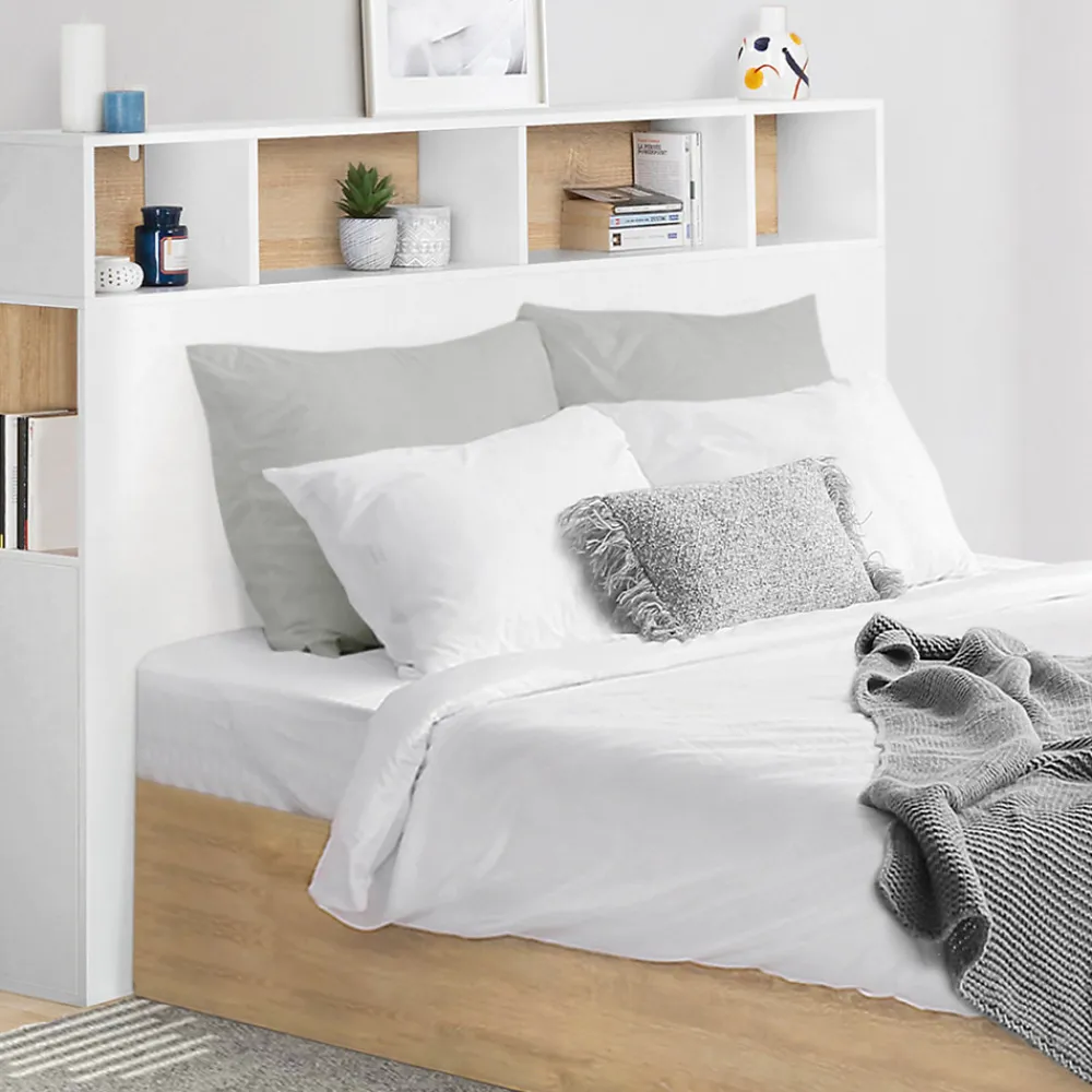 Tête de lit sur pied CLEO 145 cm avec rangements fermés et niches blanc et façon hêtre>IDMarket Outlet