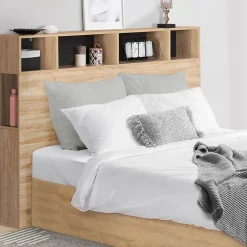 IDMarket Tête de lit sur pied CLEO 165 cm avec rangements fermés et niches façon hêtre et noir* Tête De Lit