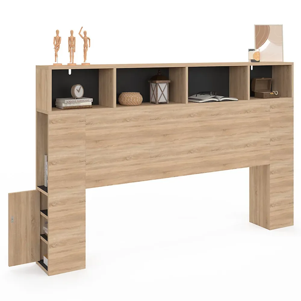 IDMarket Tête de lit sur pied CLEO 165 cm avec rangements fermés et niches façon hêtre et noir* Tête De Lit