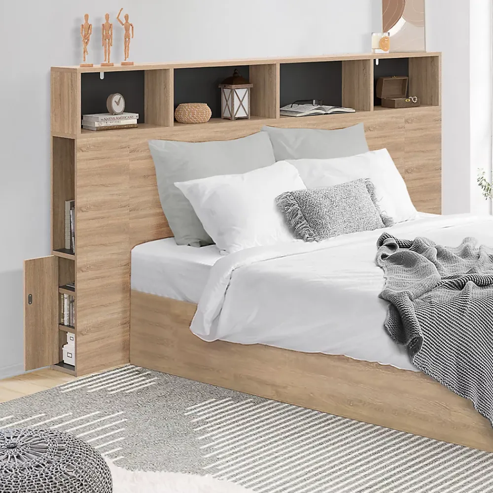 IDMarket Tête de lit sur pied CLEO 165 cm avec rangements fermés et niches façon hêtre et noir* Tête De Lit