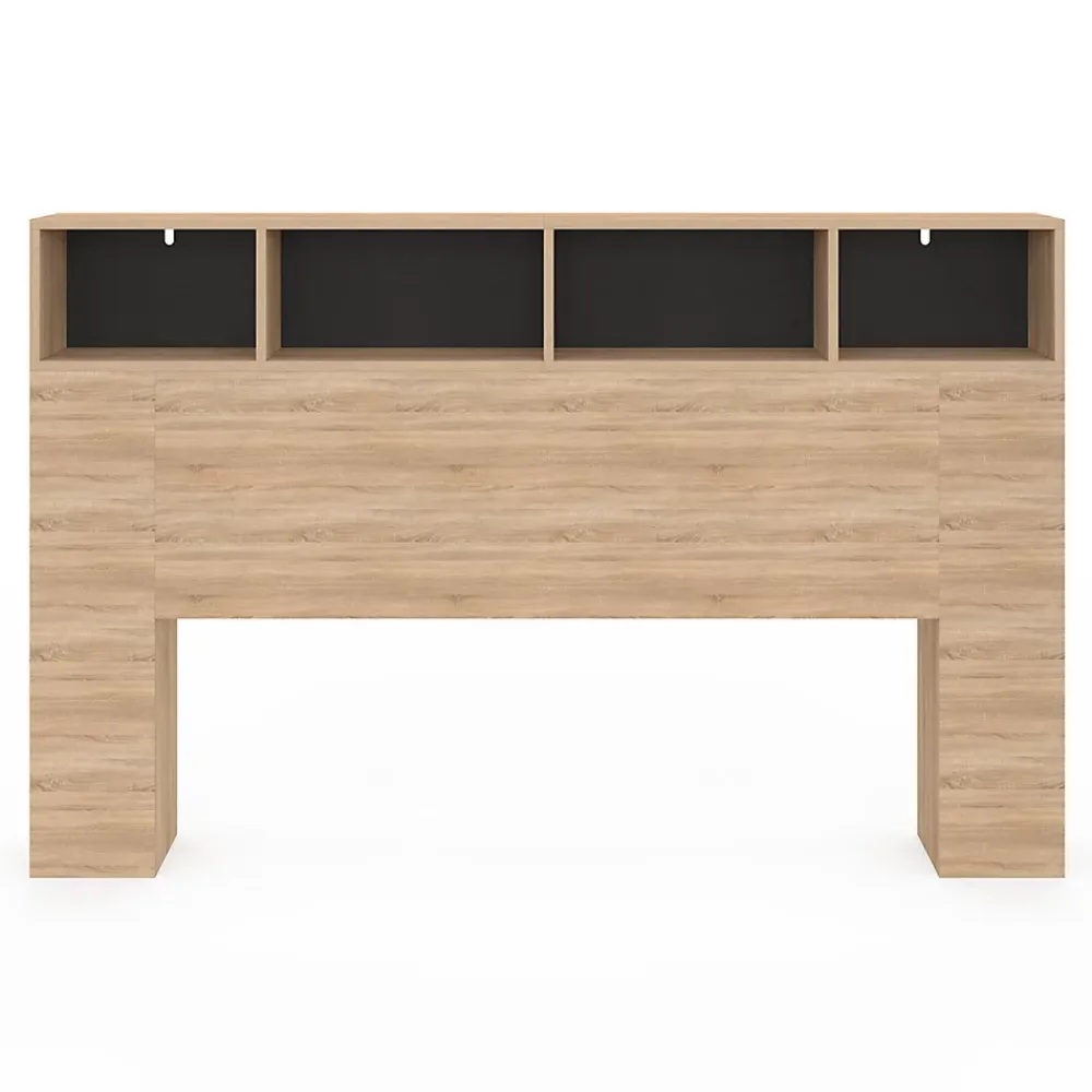 IDMarket Tête de lit sur pied CLEO 165 cm avec rangements fermés et niches façon hêtre et noir* Tête De Lit