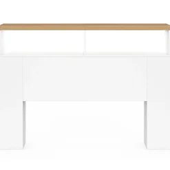 IDMarket Tête de lit sur pied LUNA à LEDS 145 cm avec rangements fermés et niches blanc et plateau effet bois* Tête De Lit
