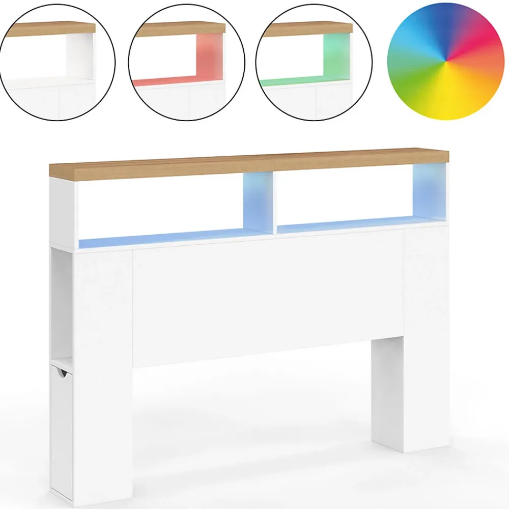 IDMarket Tête de lit sur pied LUNA à LEDS 145 cm avec rangements fermés et niches blanc et plateau effet bois* Tête De Lit