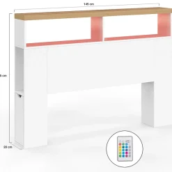 IDMarket Tête de lit sur pied LUNA à LEDS 145 cm avec rangements fermés et niches blanc et plateau effet bois* Tête De Lit