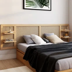 IDMarket Tête de lit suspendue EDHEN 240 cm cannage et bois avec étagères* Tête De Lit