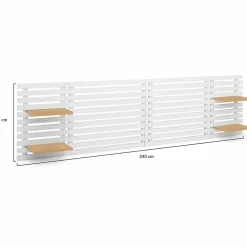 Tête de lit suspendue en lattes AVA 240 cm bois blanc et étagères façon hêtre><noscript><img width=