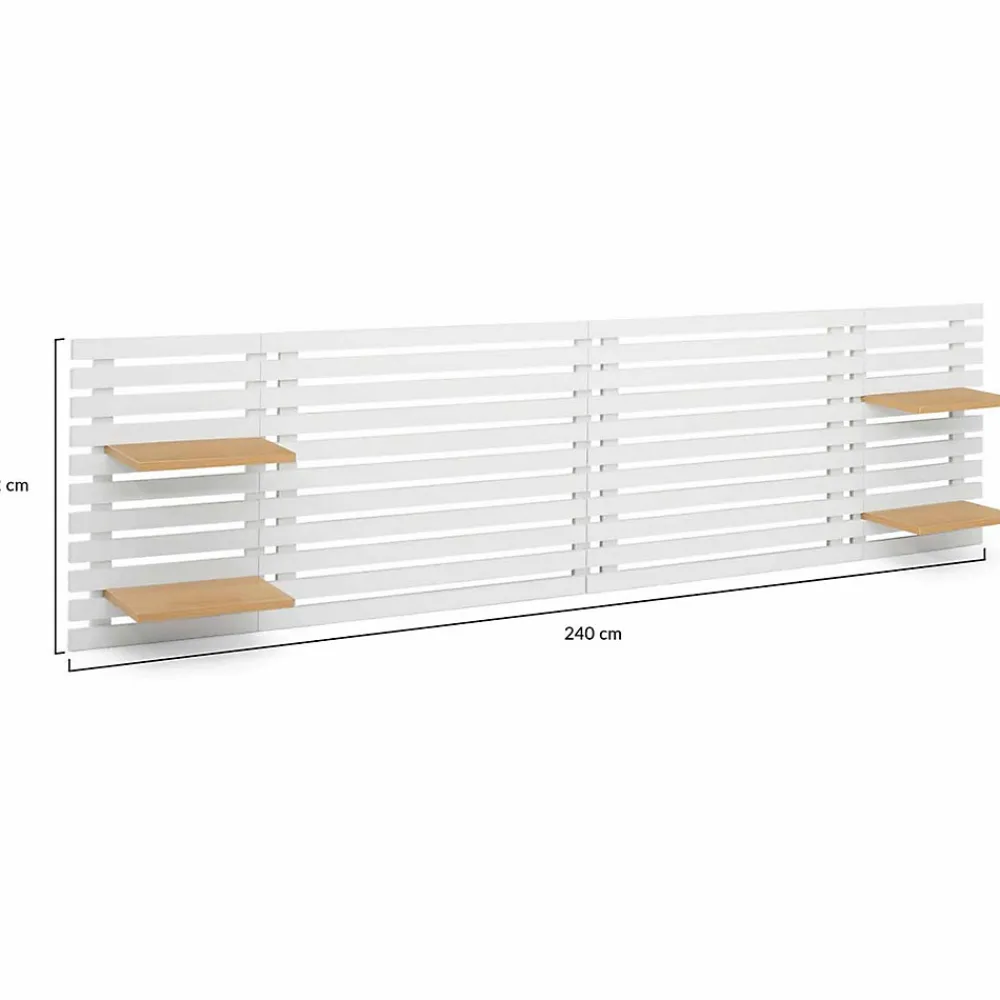 Tête de lit suspendue en lattes AVA 240 cm bois blanc et étagères façon hêtre>IDMarket