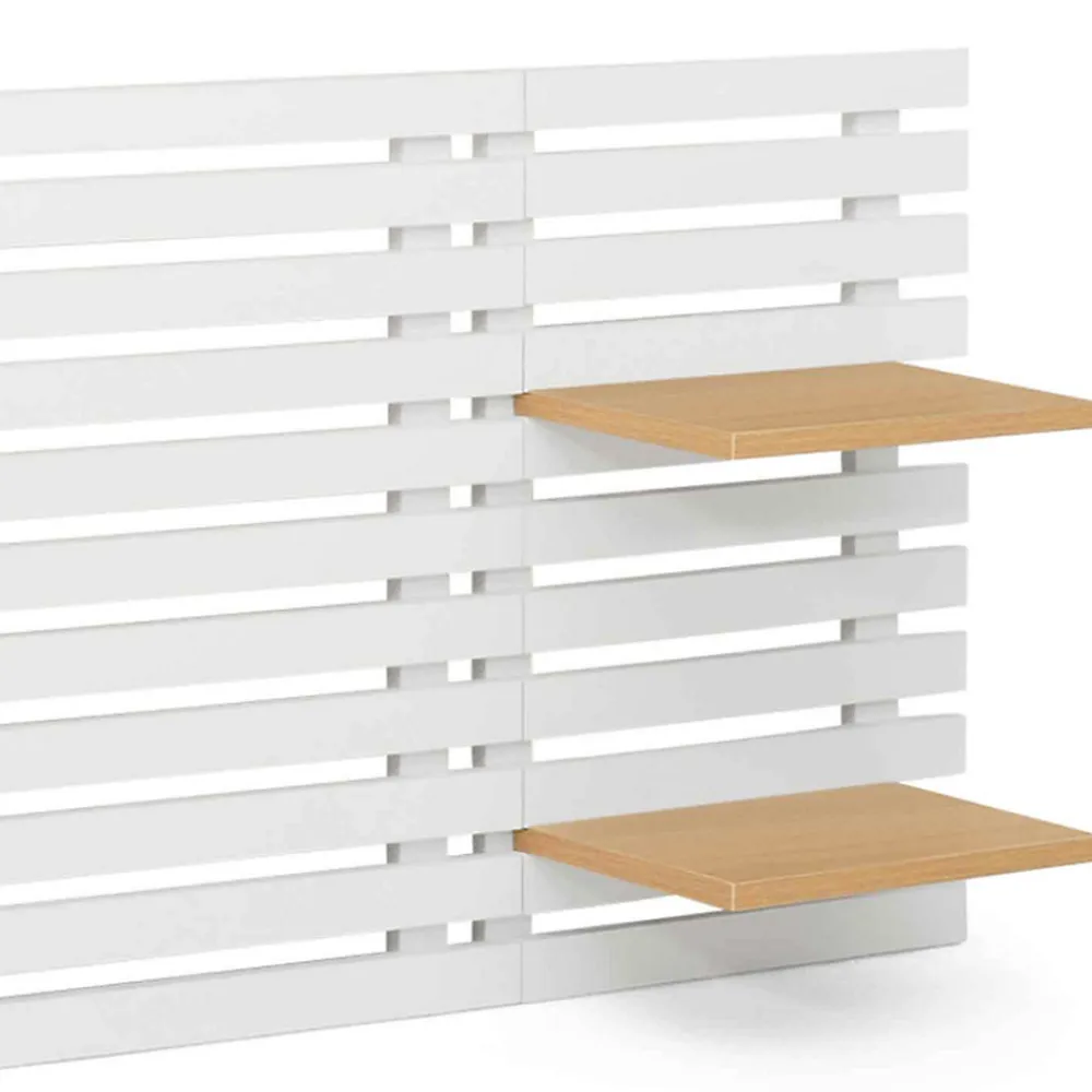 Tête de lit suspendue en lattes AVA 240 cm bois blanc et étagères façon hêtre>IDMarket