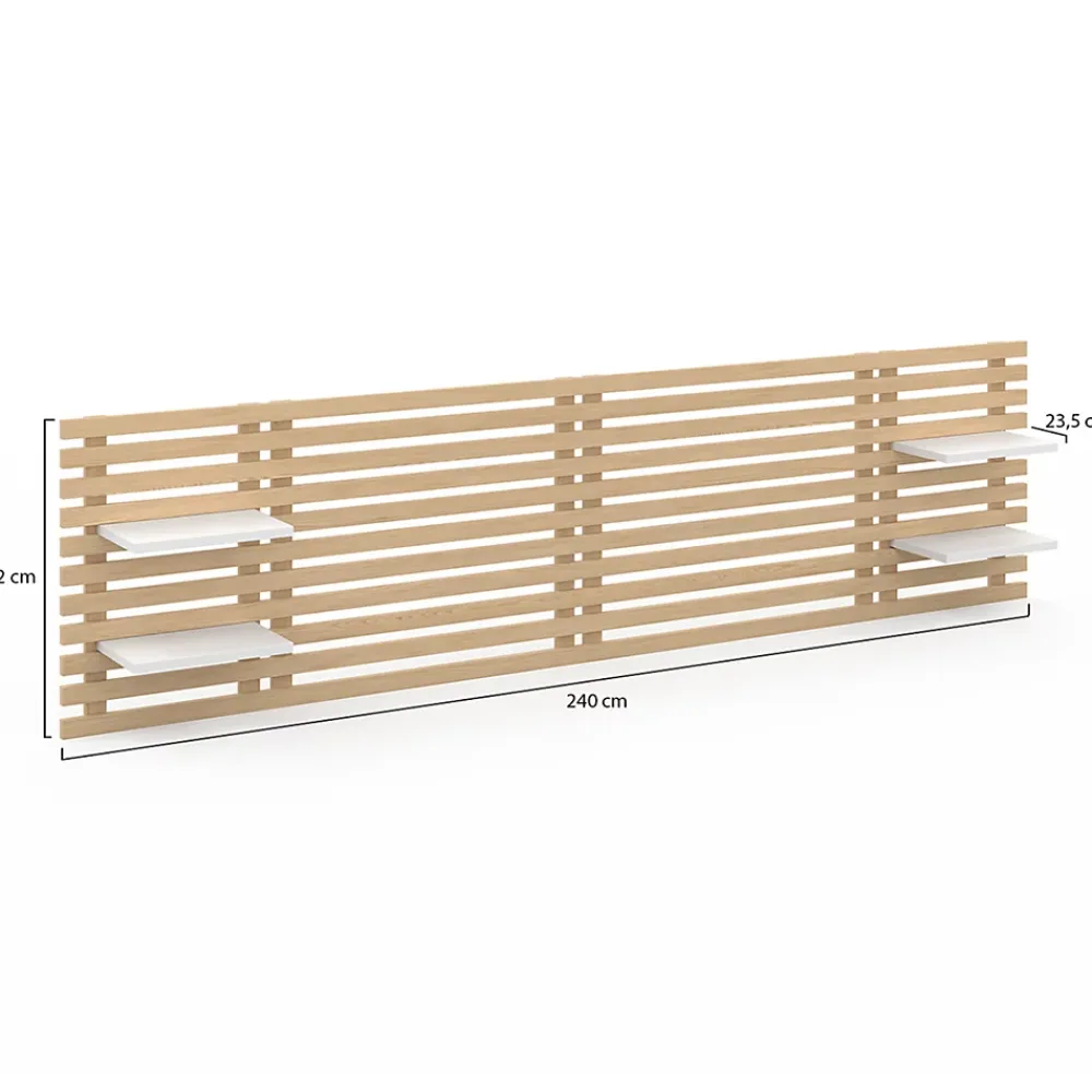IDMarket Tête de lit suspendue en lattes AVA 240 cm bois clair et étagères blanches* Tête De Lit
