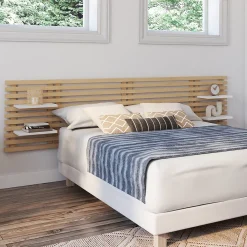 IDMarket Tête de lit suspendue en lattes AVA 240 cm bois clair et étagères blanches* Tête De Lit