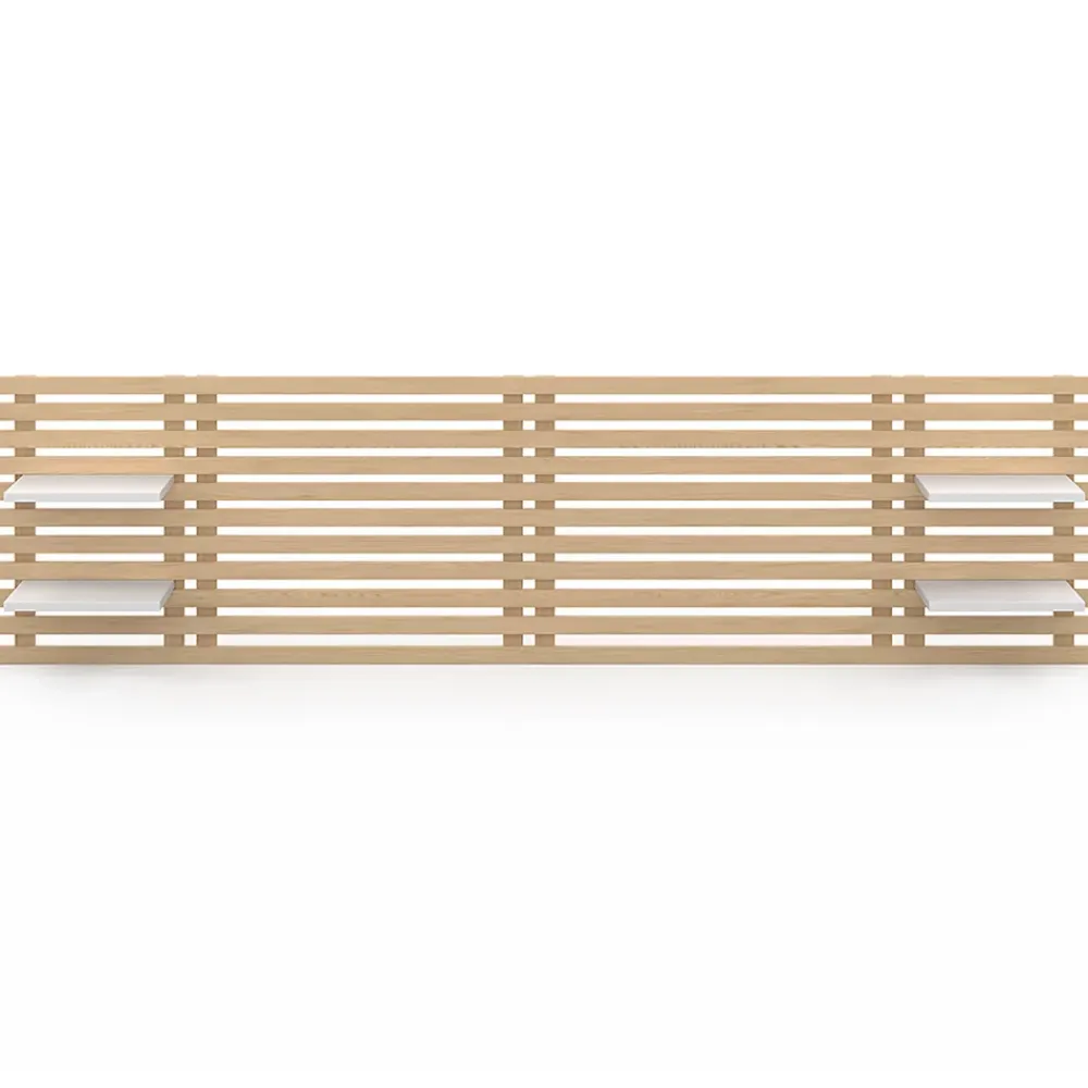 IDMarket Tête de lit suspendue en lattes AVA 240 cm bois clair et étagères blanches* Tête De Lit