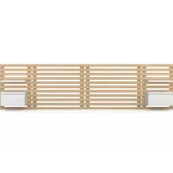 IDMarket Tête de lit suspendue en lattes AVA 240 cm avec chevets + tiroir façon bois clair et blanc* Tête De Lit
