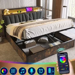 Urban Meuble Lit double tissu gris avec éclairage LED et rangement 140x200cm* Lit Double