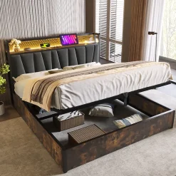 Urban Meuble Lit double tissu gris avec éclairage LED et rangement 140x200cm* Lit Double