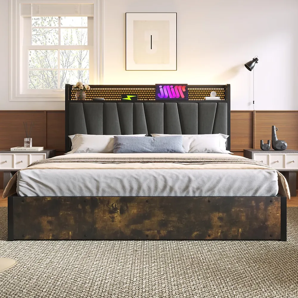 Urban Meuble Lit double tissu gris avec éclairage LED et rangement 140x200cm* Lit Double