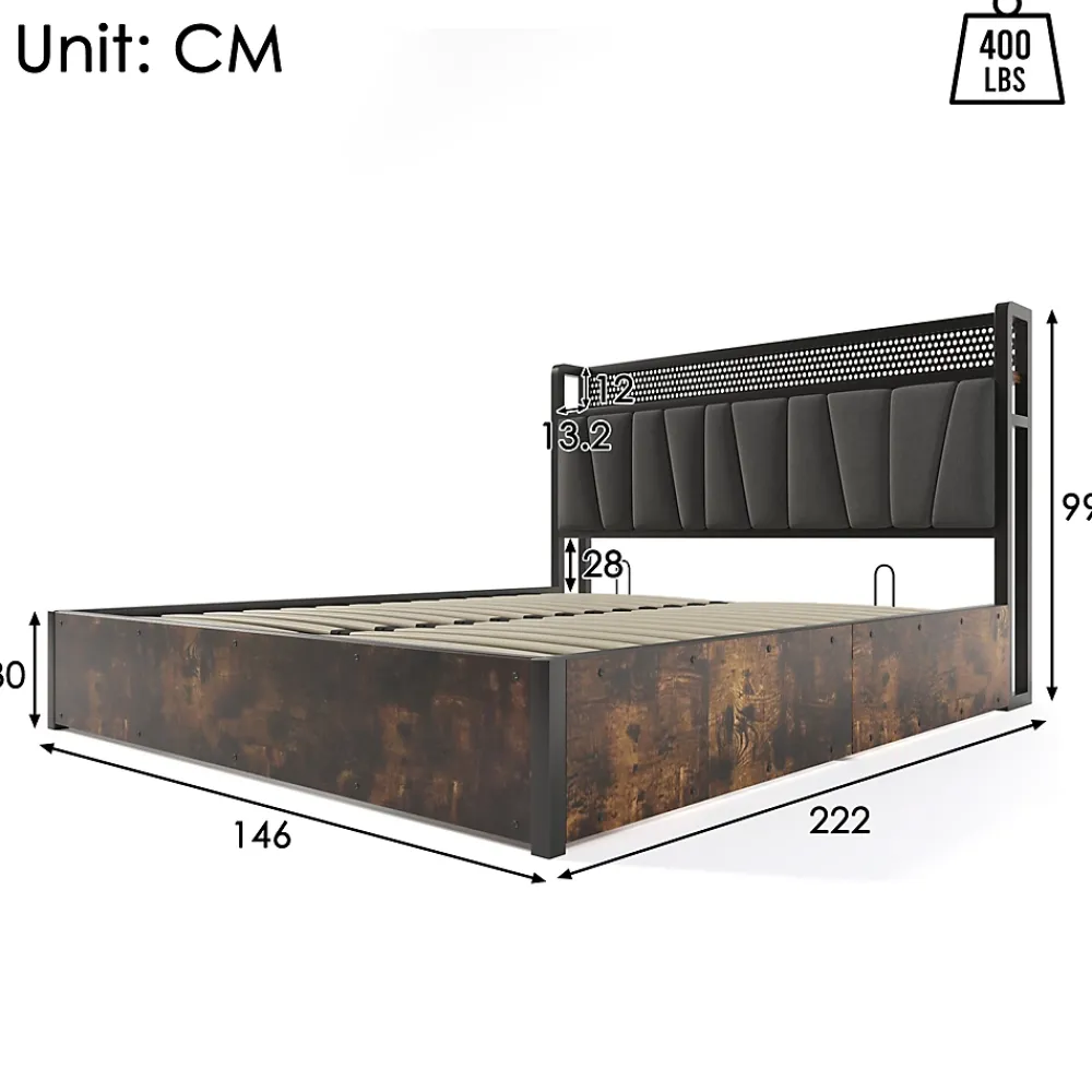 Urban Meuble Lit double tissu gris avec éclairage LED et rangement 140x200cm* Lit Double