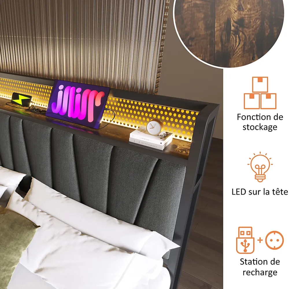 Urban Meuble Lit double tissu gris avec éclairage LED et rangement 140x200cm* Lit Double
