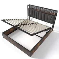 Urban Meuble Lit double tissu gris avec éclairage LED et rangement 140x200cm* Lit Double