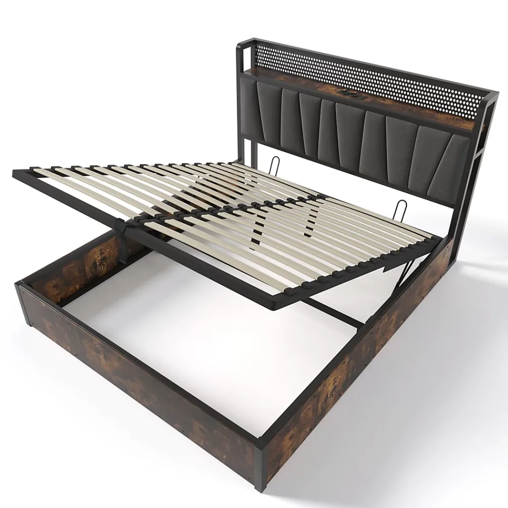 Urban Meuble Lit double tissu gris avec éclairage LED et rangement 140x200cm* Lit Double