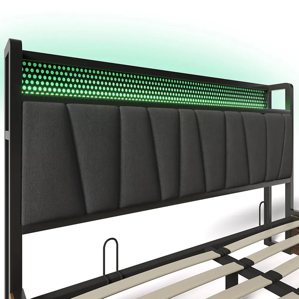 Urban Meuble Lit double tissu gris avec éclairage LED et rangement 140x200cm* Lit Double