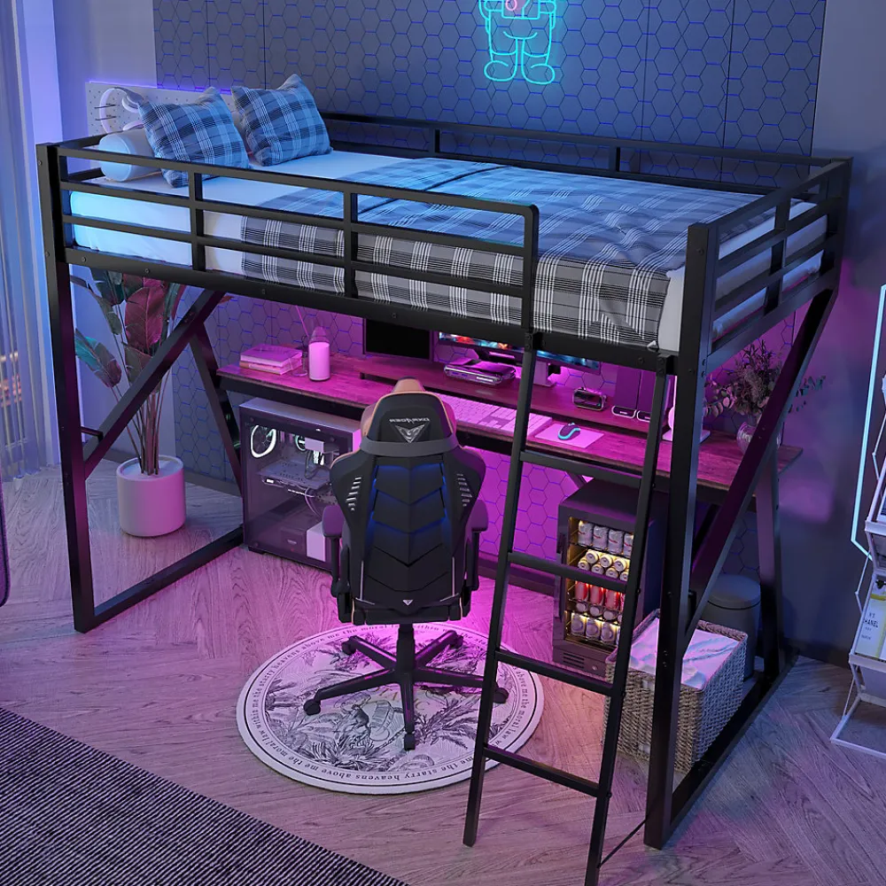 Lit superposé métallique enfant noir avec LED, bureau intégré>Urban Meuble Online