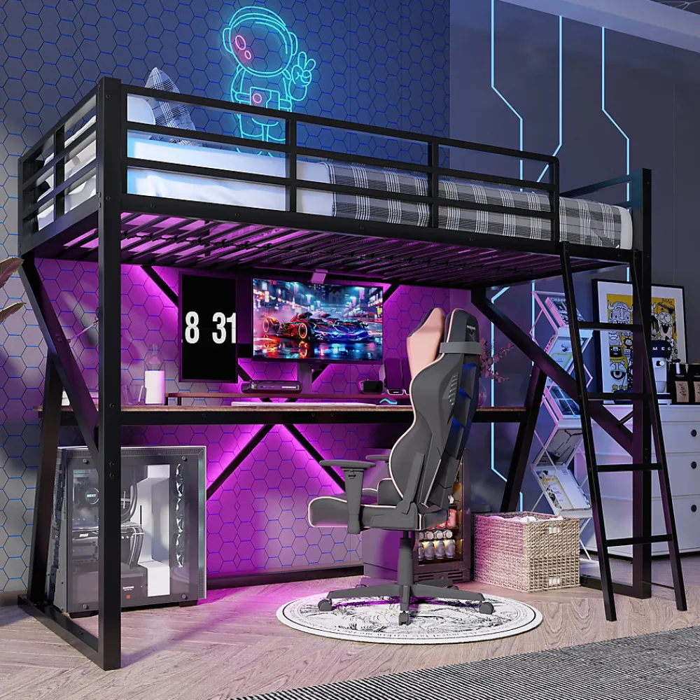 Lit superposé métallique enfant noir avec LED, bureau intégré>Urban Meuble Online