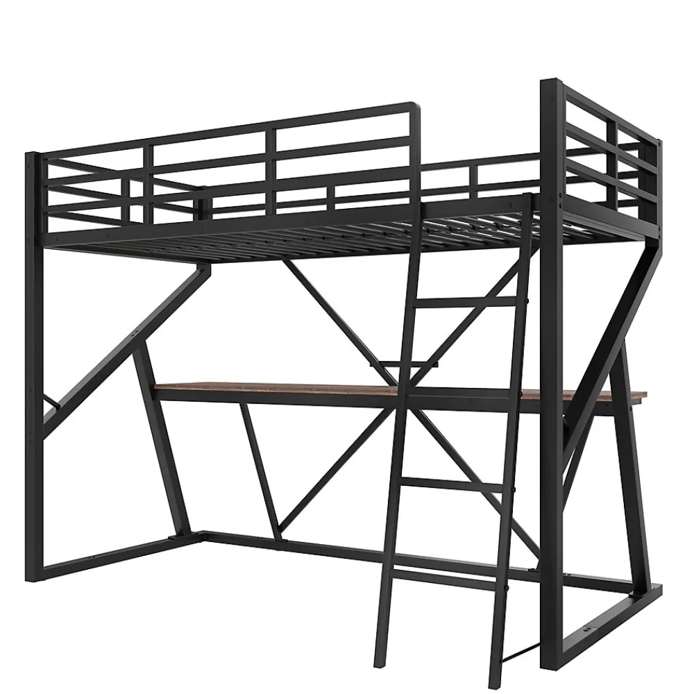 Lit superposé métallique enfant noir avec LED, bureau intégré>Urban Meuble Online