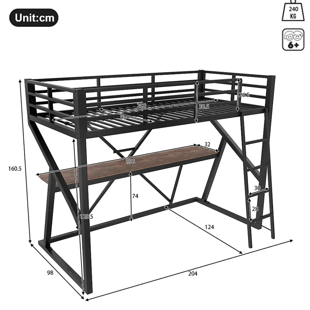 Lit superposé métallique enfant noir avec LED, bureau intégré>Urban Meuble Online