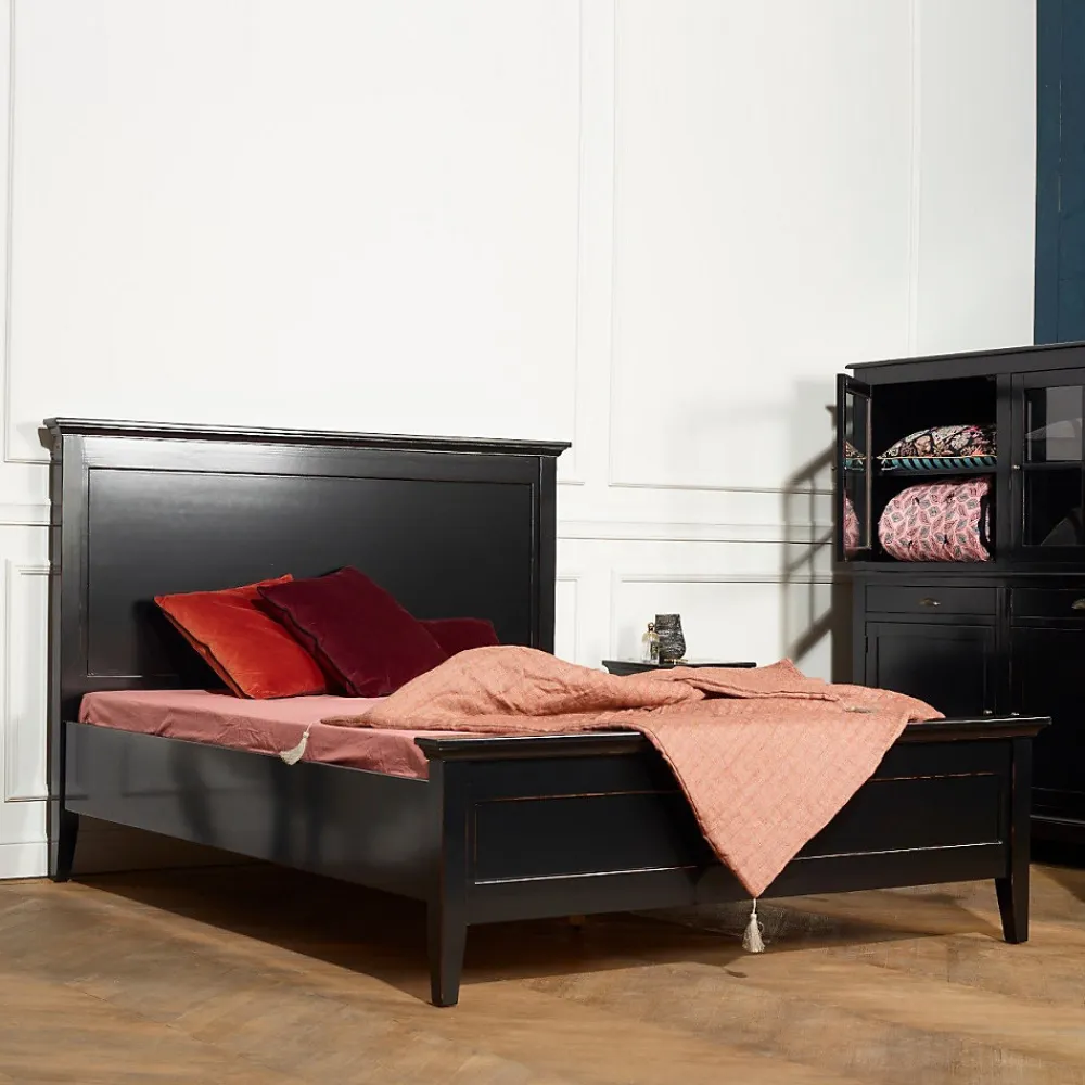 VANESSA Lit double style bord de mer en pin laqué noir, 160 x 200>Robin des bois