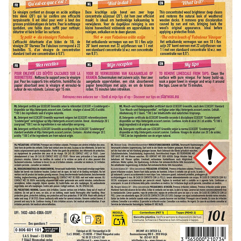 Vinaigre blanc 20° ultra haute concentration Starwax The fabulous 10L>Starwax Fabulous Hot
